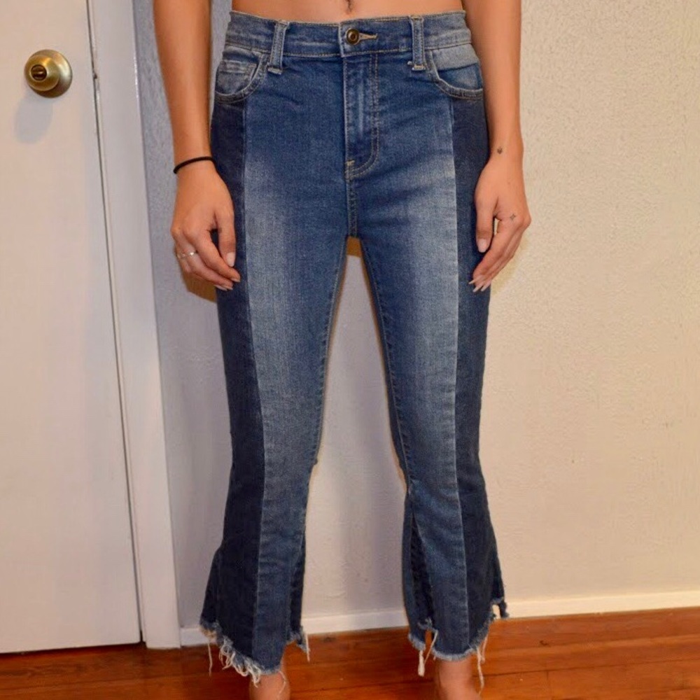 Two-Tone High Waist / Rise Cropped Denim Jeans